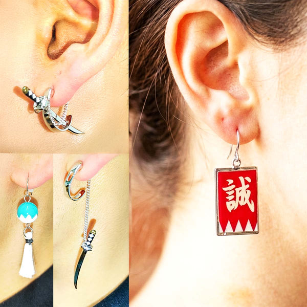 Makoto Collection Earrings – Katana, Shinsengumi Flag & Dandara Tassel Ear Cuff | Japanese Samurai аксессories | Shinobiya Original