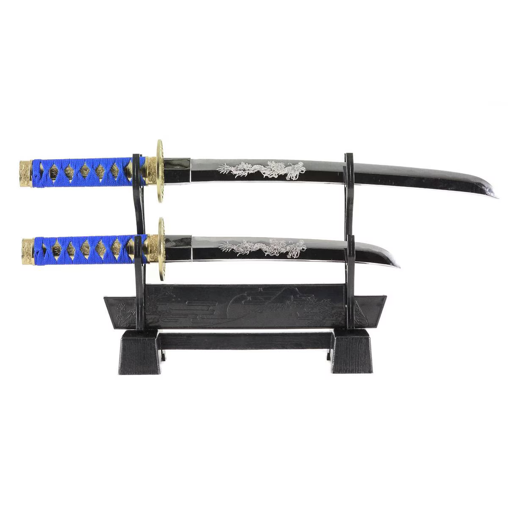 Mini Samurai Sword Display Set with Dragon-Engraved Blades and Stand (4 colours available - Free shipping)