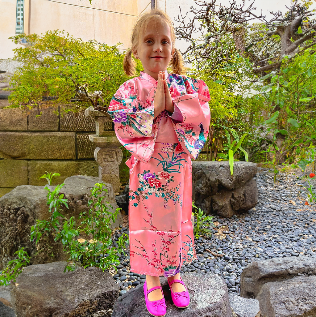 Girls' Yukata: Peacock Peony (Polyester)