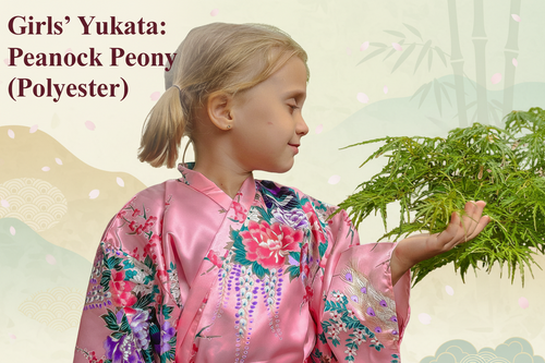 Girls’ Japanese Yukata – Peacock & Peony Design, Made in Japan