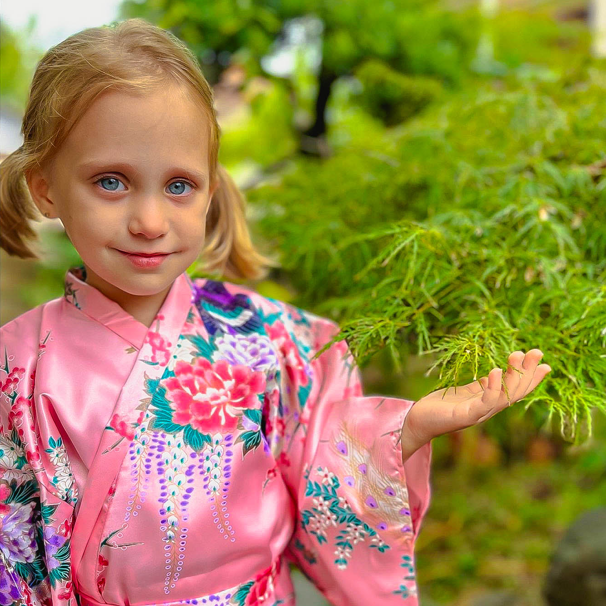 Girls' Yukata: Peacock Peony (Polyester)