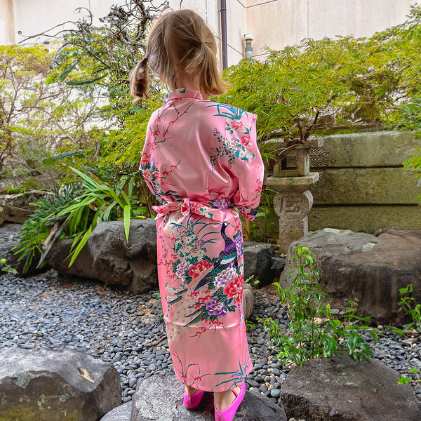 Girls' Yukata: Peacock Peony (Polyester)