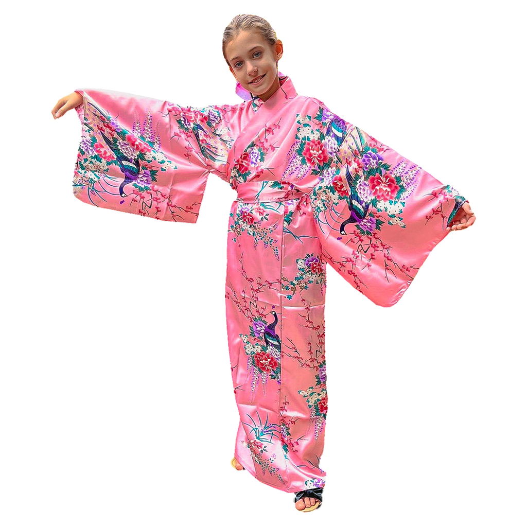 Girls' Yukata: Peacock Peony (Polyester)