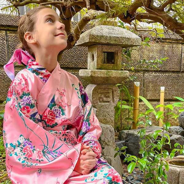 Girls' Yukata: Peacock Peony (Polyester)