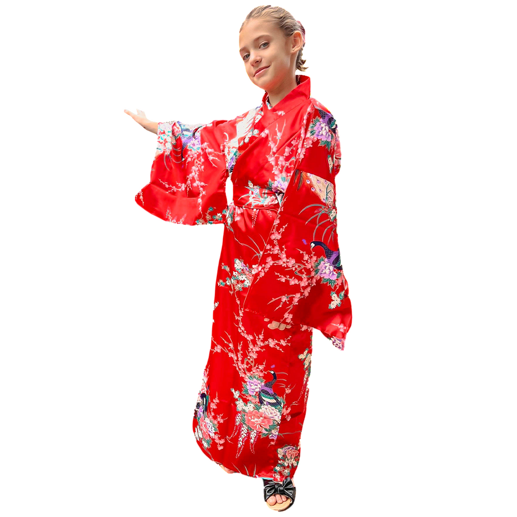 Girls' Yukata: Peacock Peony (Polyester)