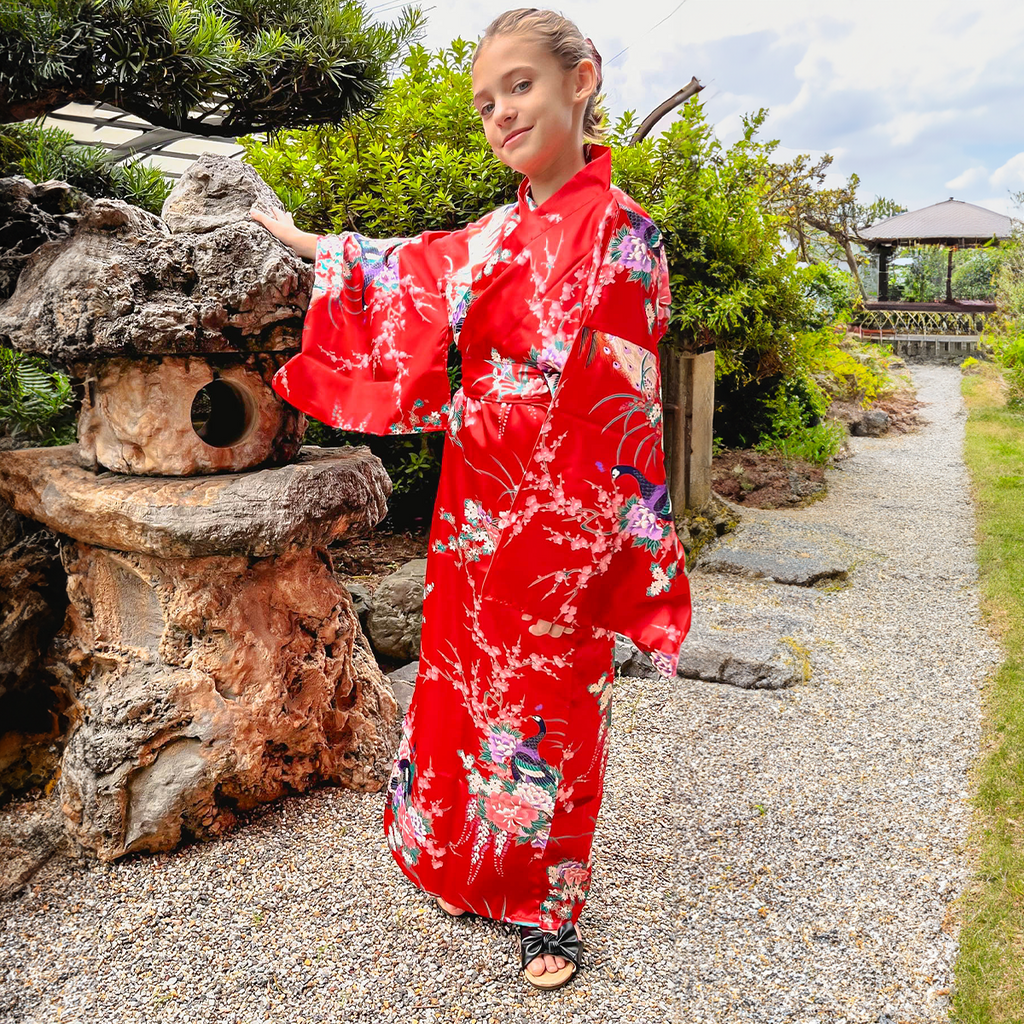 Girls' Yukata: Peacock Peony (Polyester)
