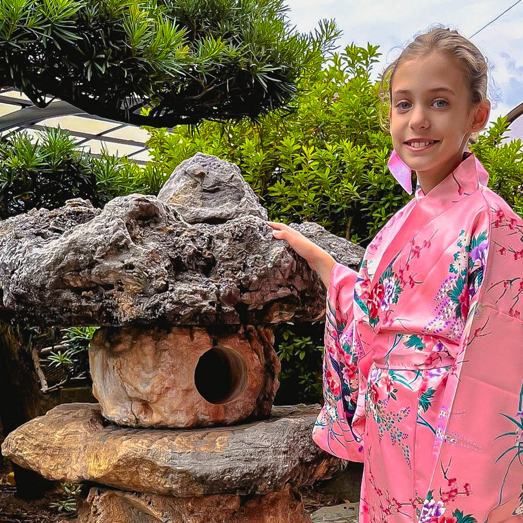 Girls' Yukata: Peacock Peony (Polyester)
