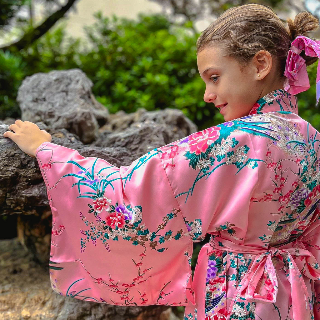 Girls' Yukata: Peacock Peony (Polyester)