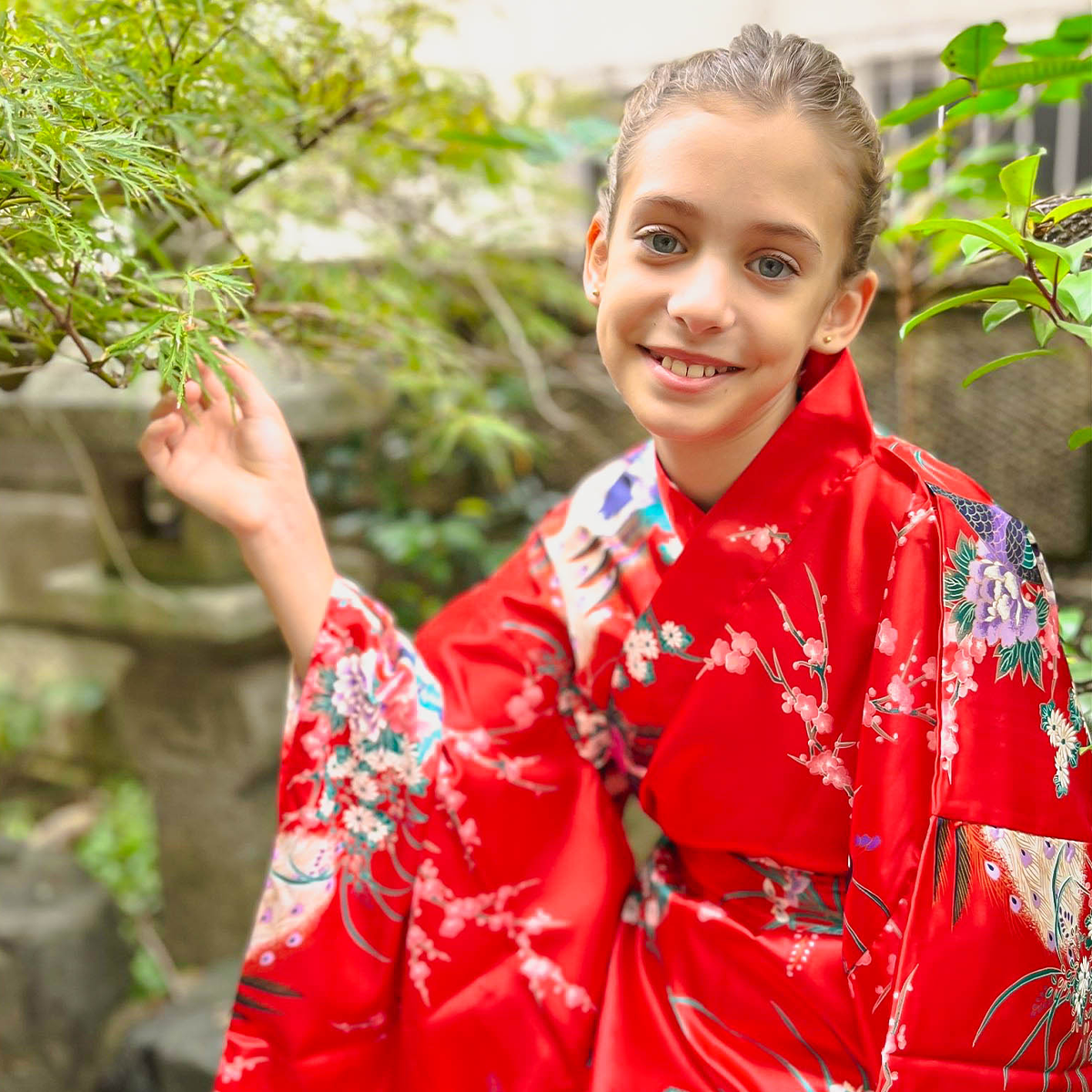 Girls' Yukata: Peacock Peony (Polyester)