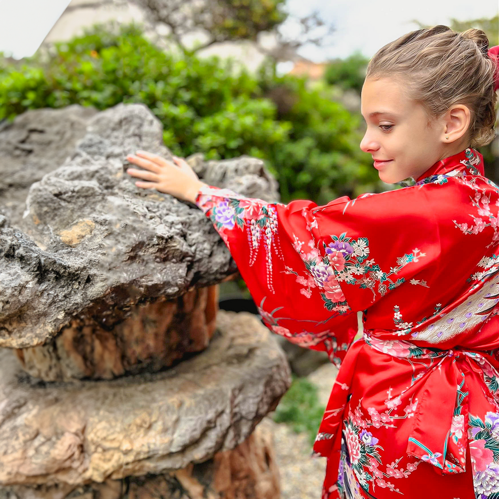 Girls' Yukata: Peacock Peony (Polyester)