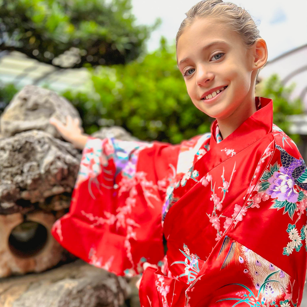 Girls' Yukata: Peacock Peony (Polyester)