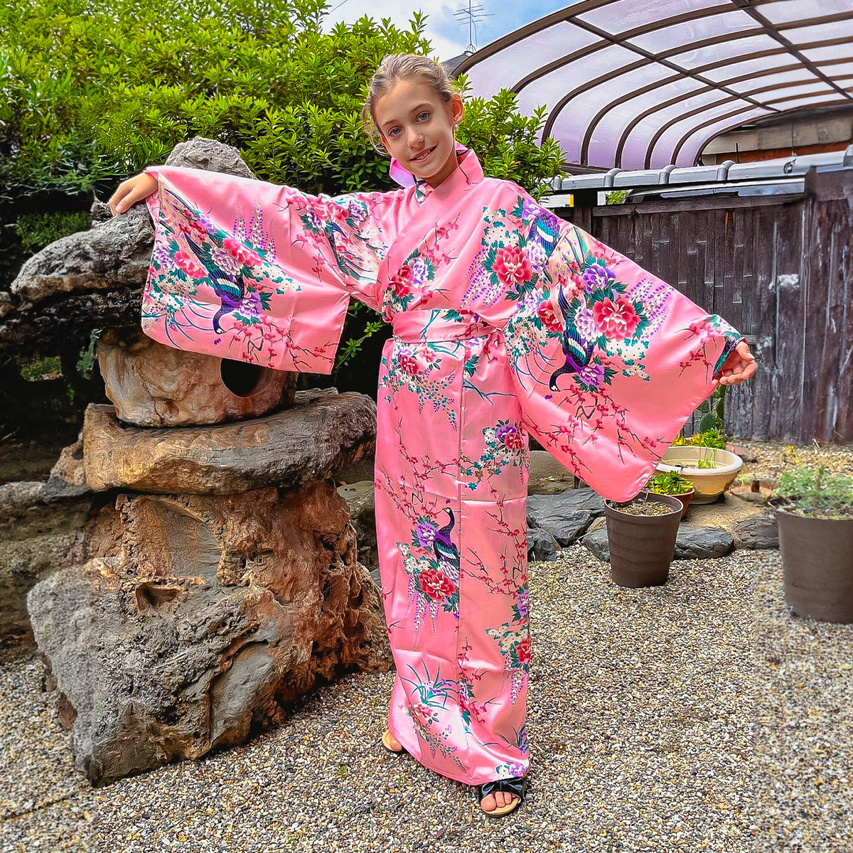 Girls' Yukata: Peacock Peony (Polyester)