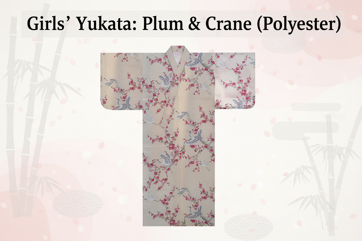Girls' Yukata: Plum & Crane (Polyester)