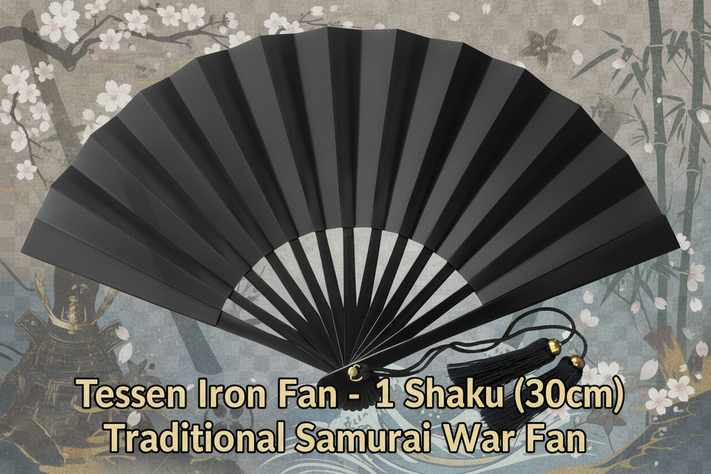 Japanese Tessen Iron Fan – 1 Shaku (30cm) Traditional Samurai War Fan – Black