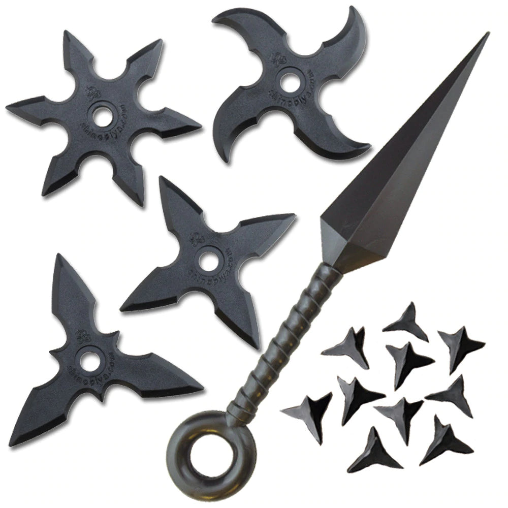 Set Shuriken Ninja de Goma NEGRO (Shuriken 4uds + Kunai Negro + Makibishi) VENTA OUTLET USA 